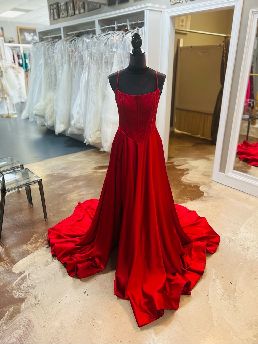 Portia and Scarlett Red Satin Spaghetti-Strap Prom Gown